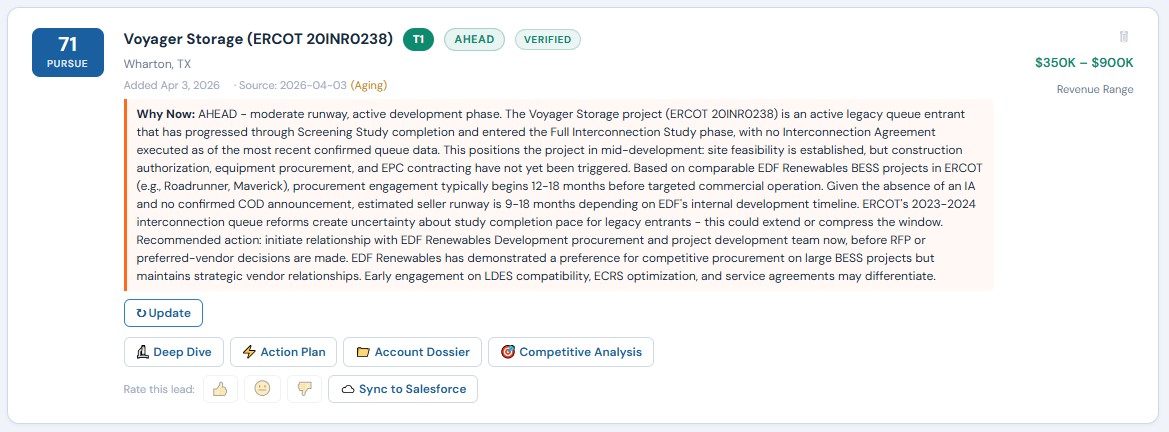 ArcReact portal &mdash; project card showing Voyager Storage with scoring, Why Now narrative, report buttons, and CRM sync