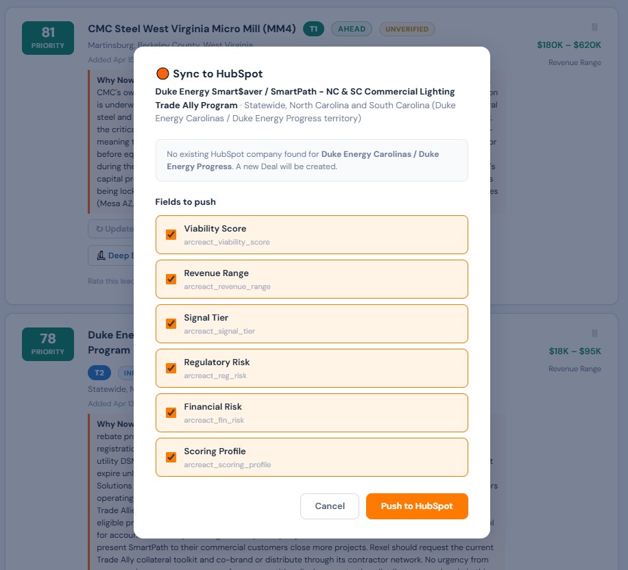 ArcReact portal &mdash; HubSpot sync modal showing fields being pushed to CRM