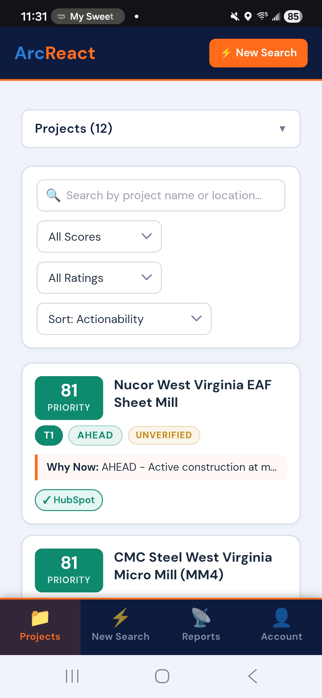 ArcReact portal &mdash; Projects list view on mobile